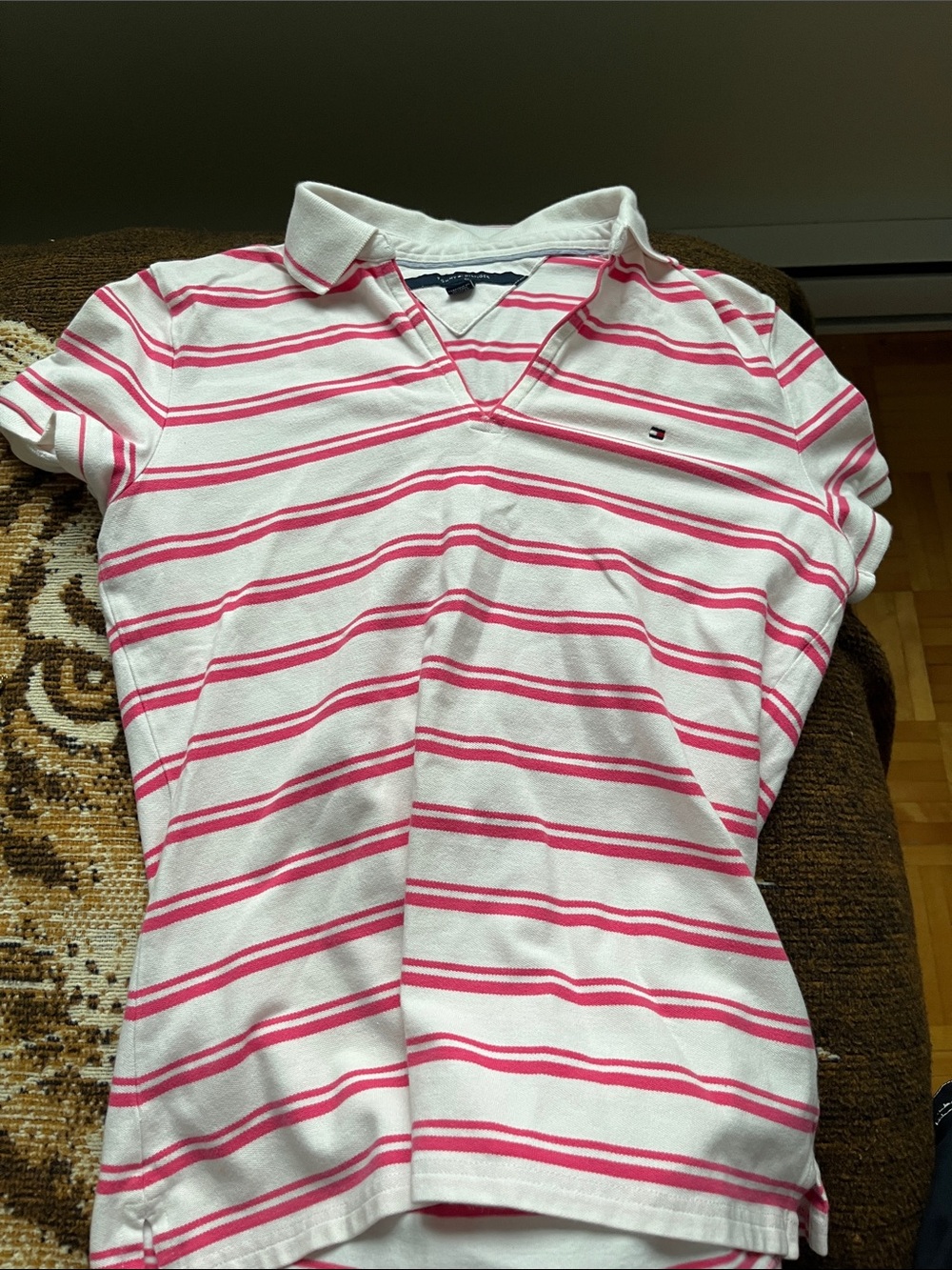 Tommy Hilfiger White and Pink Striped V-Neck Polo